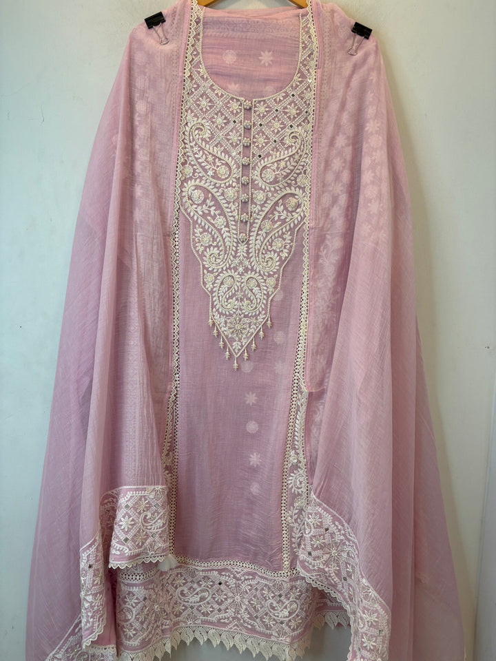 Pink Mul Cotton Embroidered Suit Set with Mirror &amp; Pearl Work