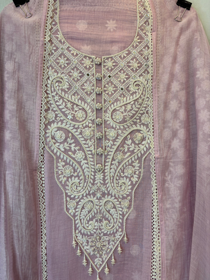 Pink Mul Cotton Embroidered Suit Set with Mirror &amp; Pearl Work