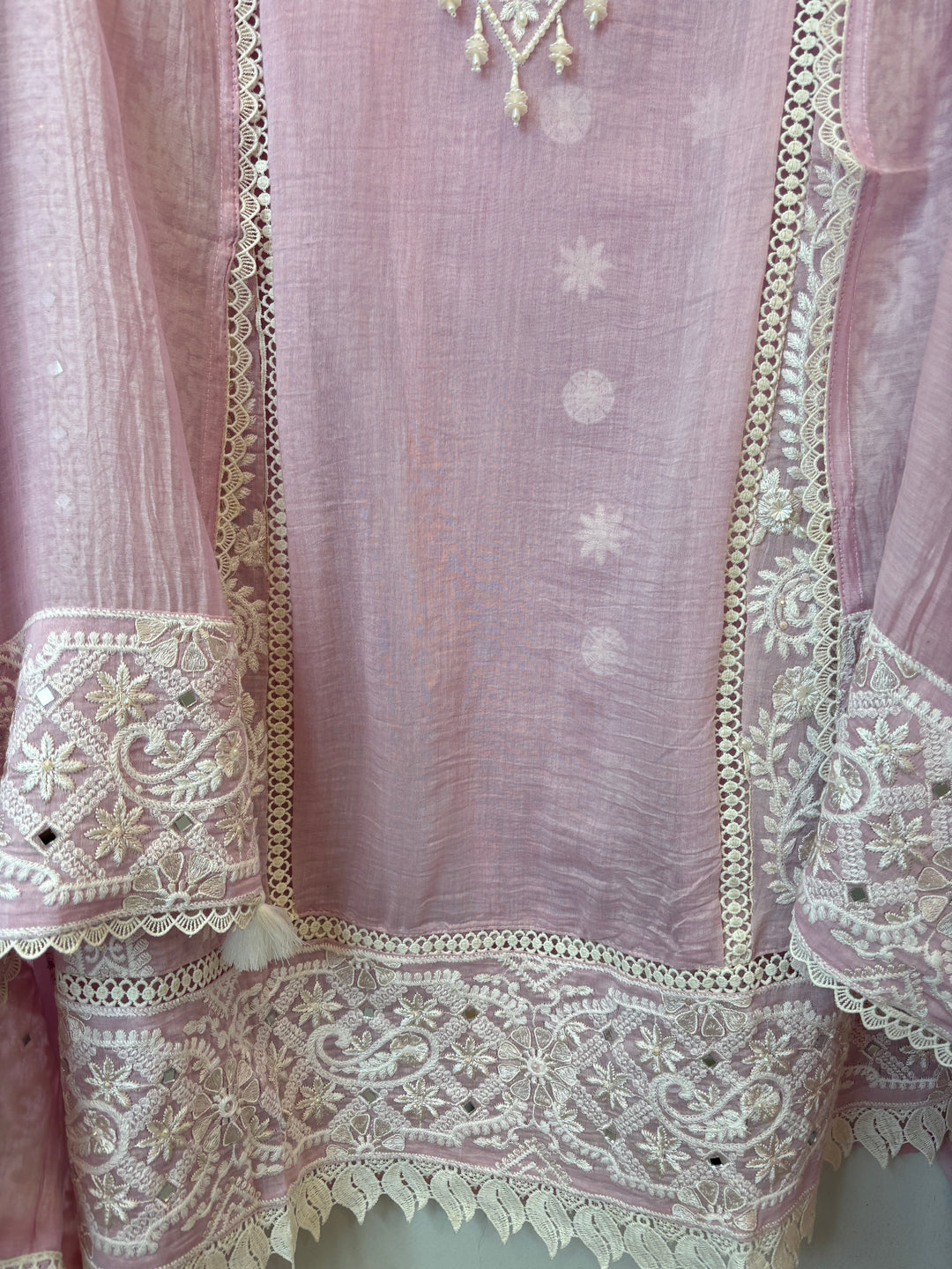 Pink Mul Cotton Embroidered Suit Set with Mirror &amp; Pearl Work