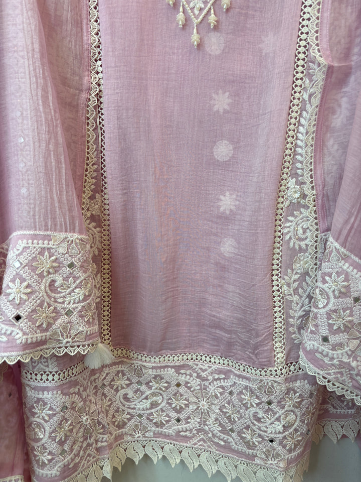 Pink Mul Cotton Embroidered Suit Set with Mirror &amp; Pearl Work