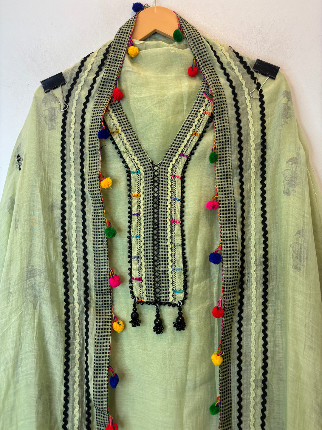 Green Mul Cotton Jute &amp; Mirror Work Suit Set