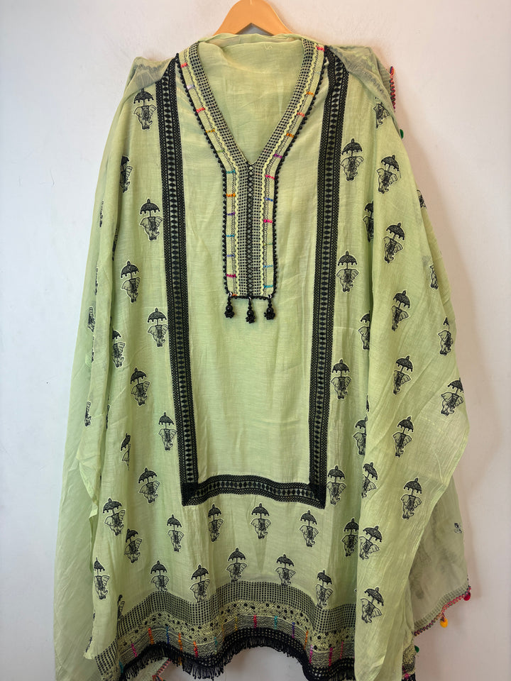 Green Mul Cotton Jute &amp; Mirror Work Suit Set