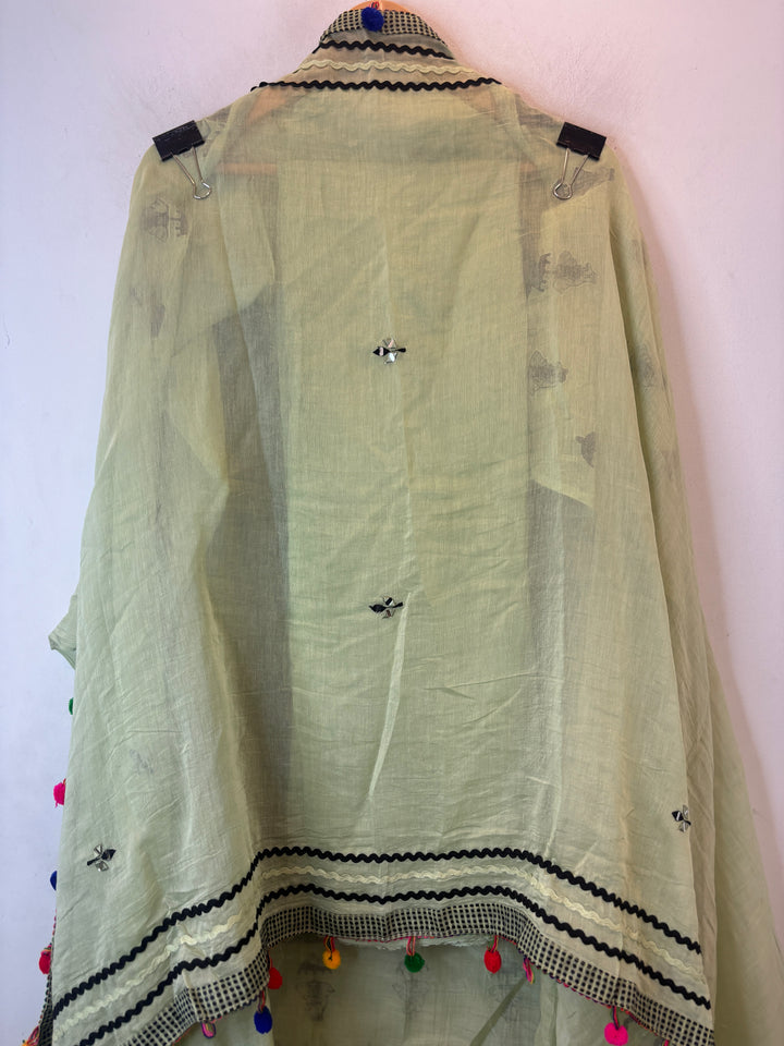 Green Mul Cotton Jute &amp; Mirror Work Suit Set