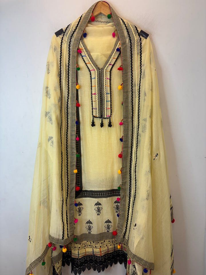 Yellow Mul Cotton Jute &amp; Mirror Work Suit Set