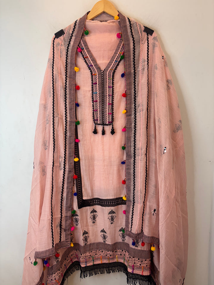 Peach Mul Cotton Jute &amp; Mirror Work Suit Set