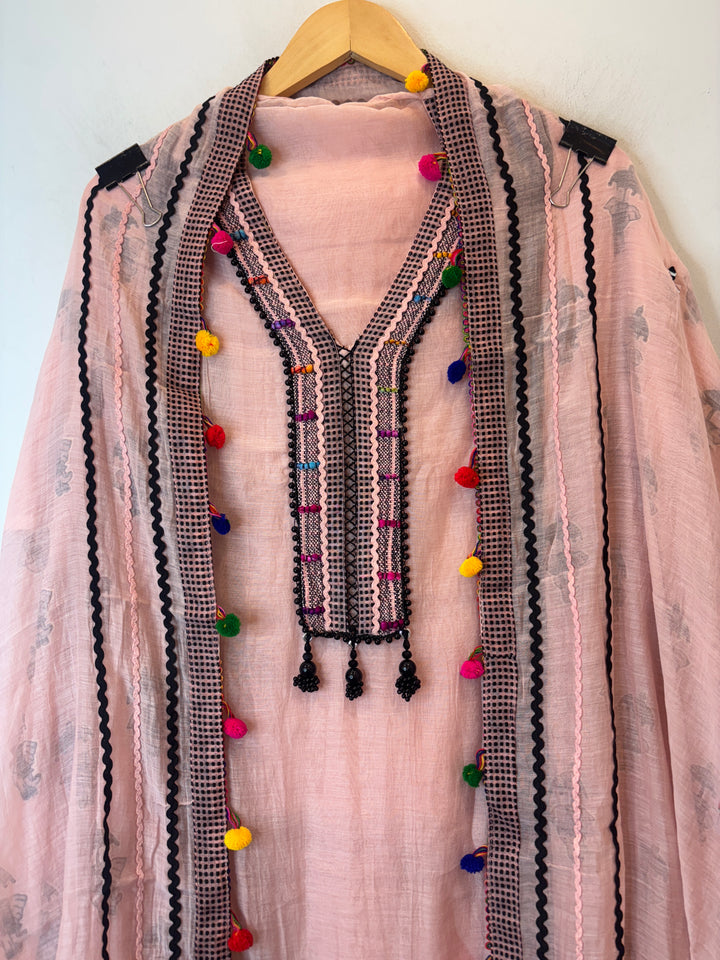 Peach Mul Cotton Jute &amp; Mirror Work Suit Set