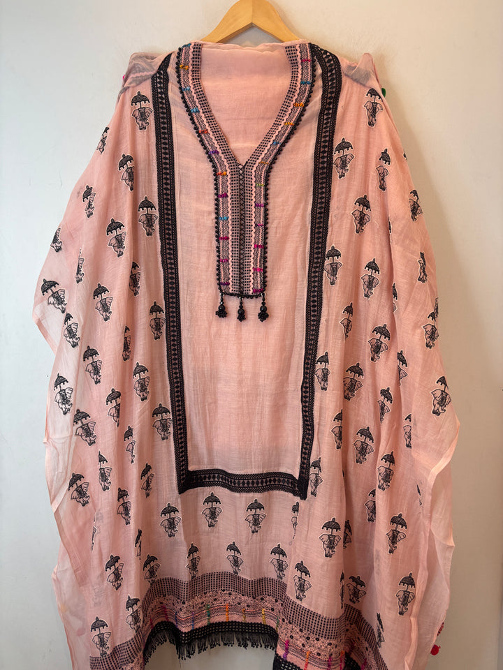 Peach Mul Cotton Jute &amp; Mirror Work Suit Set