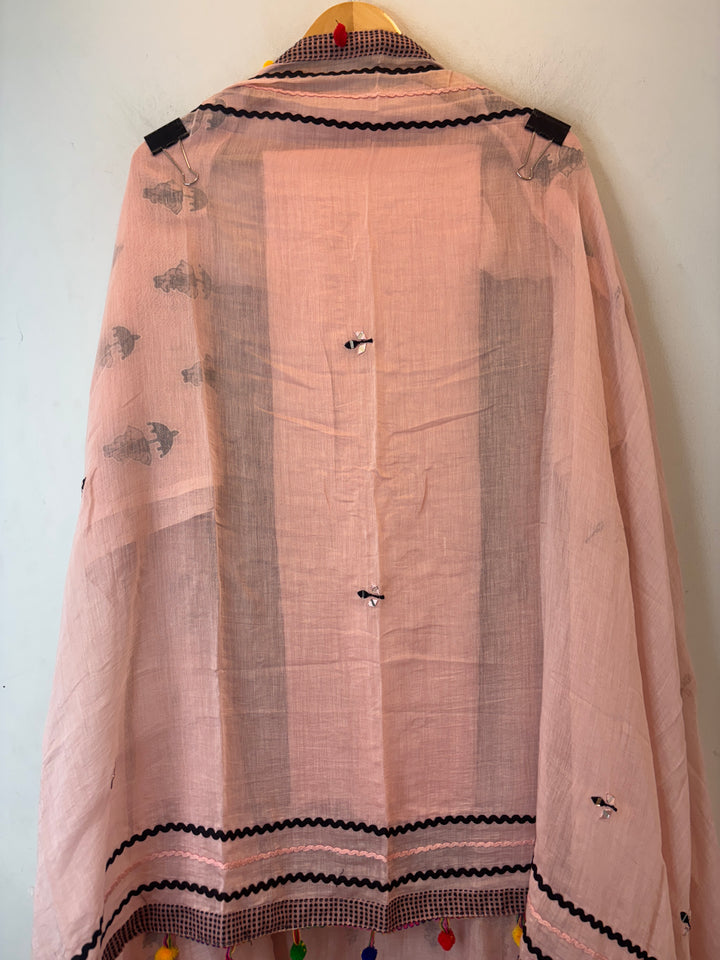 Peach Mul Cotton Jute &amp; Mirror Work Suit Set