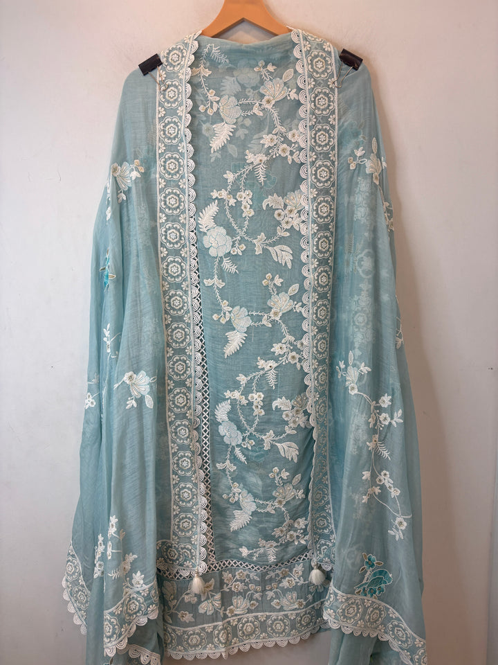 Light Blue Mul Cotton Bird Embroidered Suit Set with Mirror &amp; Zari Work