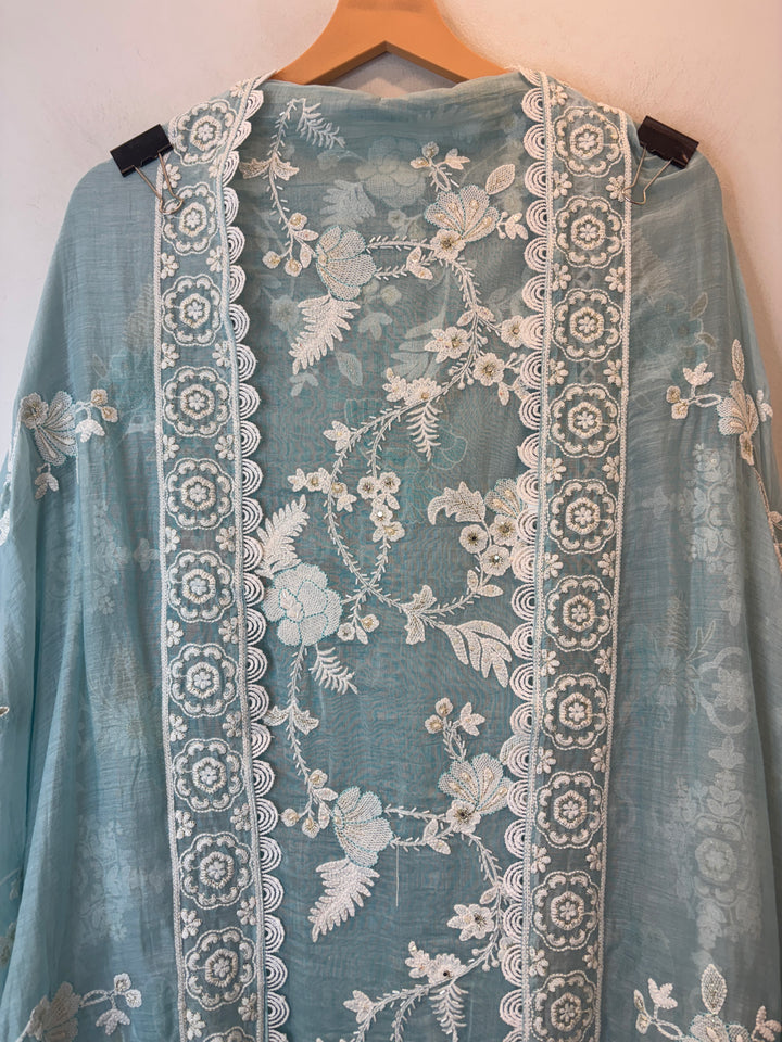 Light Blue Mul Cotton Bird Embroidered Suit Set with Mirror &amp; Zari Work