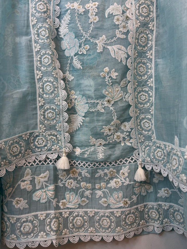 Light Blue Mul Cotton Bird Embroidered Suit Set with Mirror &amp; Zari Work