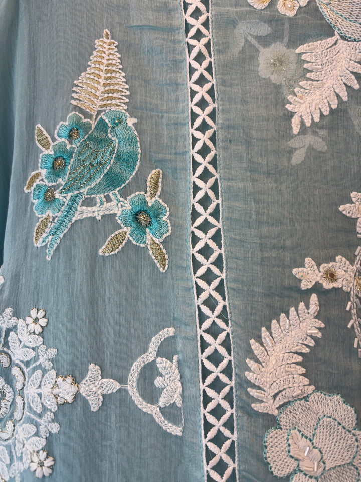 Light Blue Mul Cotton Bird Embroidered Suit Set with Mirror &amp; Zari Work