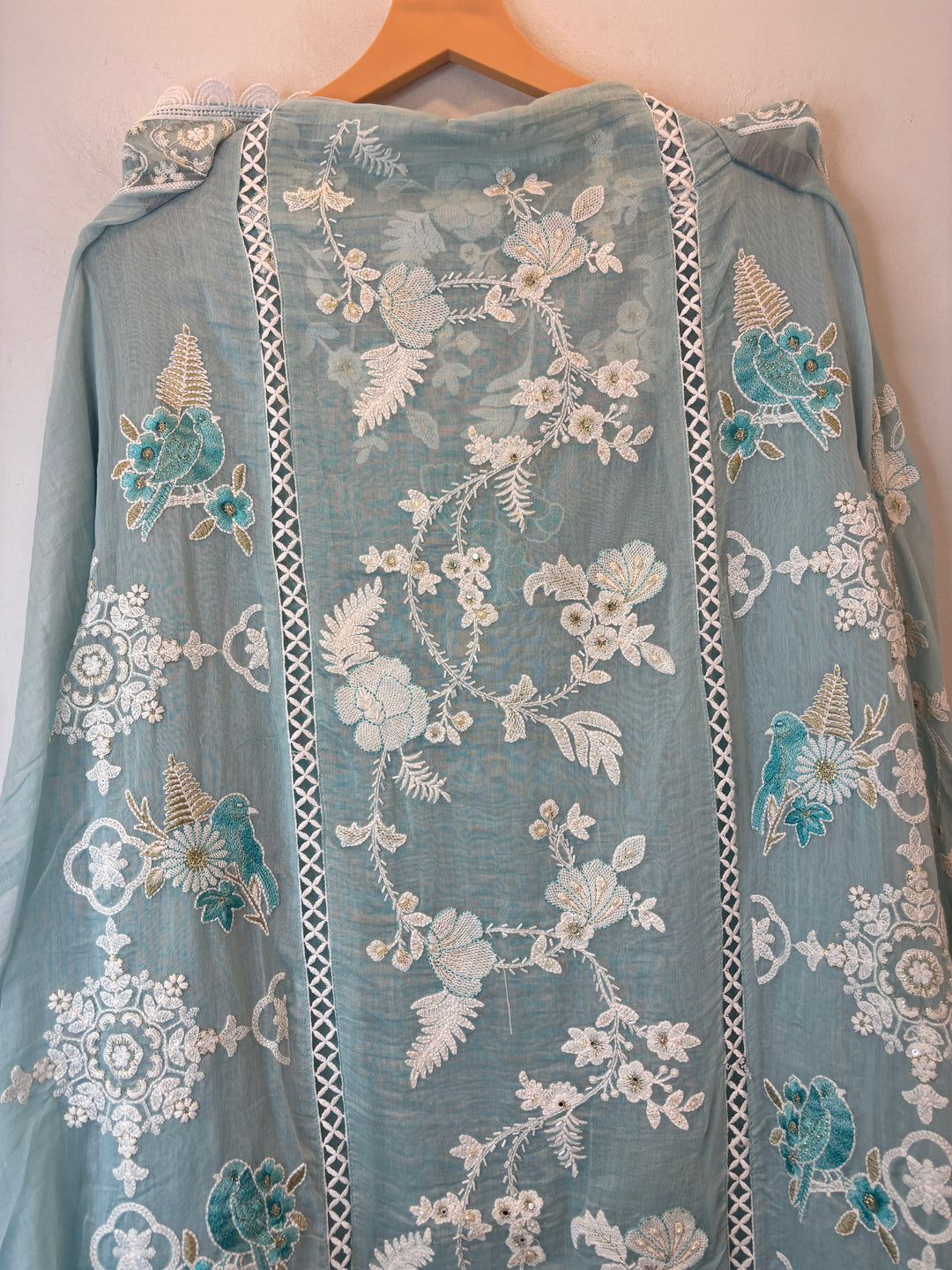 Light Blue Mul Cotton Bird Embroidered Suit Set with Mirror &amp; Zari Work