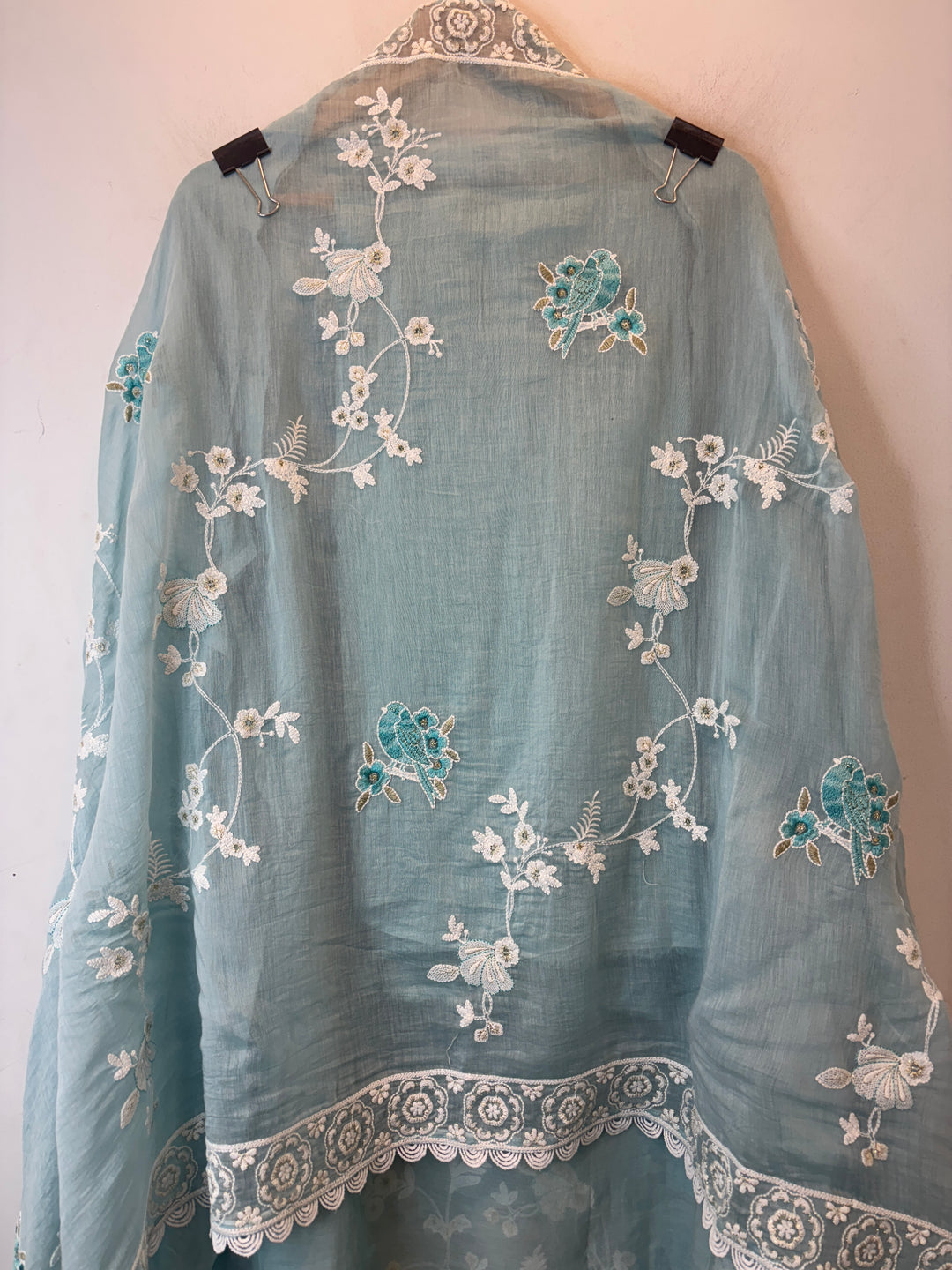 Light Blue Mul Cotton Bird Embroidered Suit Set with Mirror &amp; Zari Work