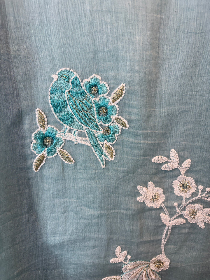 Light Blue Mul Cotton Bird Embroidered Suit Set with Mirror &amp; Zari Work