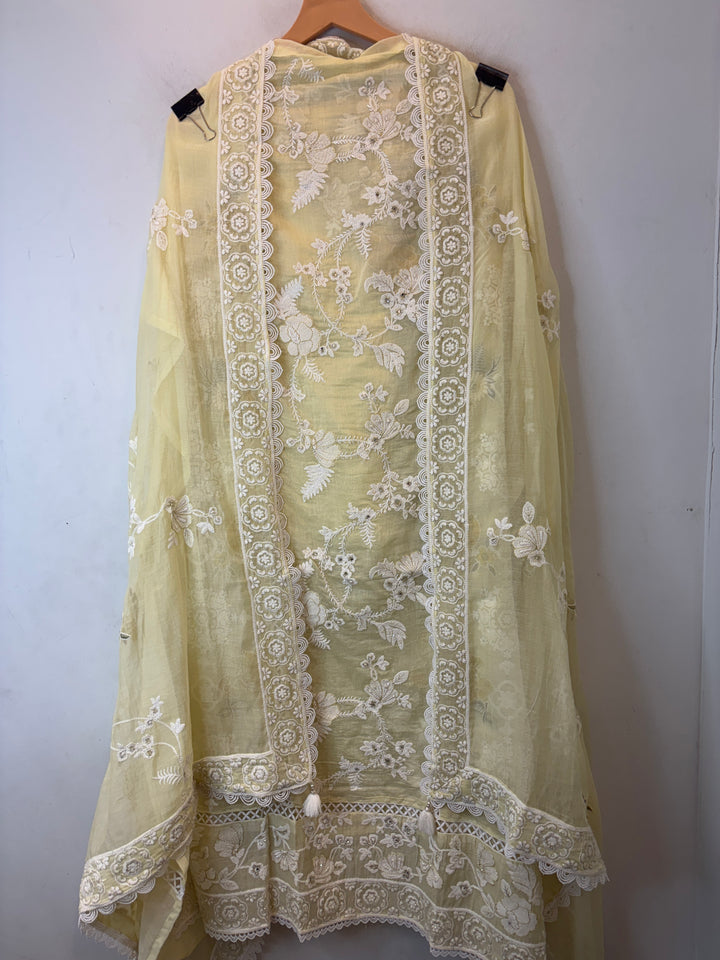 Yellow Mul Cotton Bird Embroidered Suit Set with Mirror &amp; Zari Work