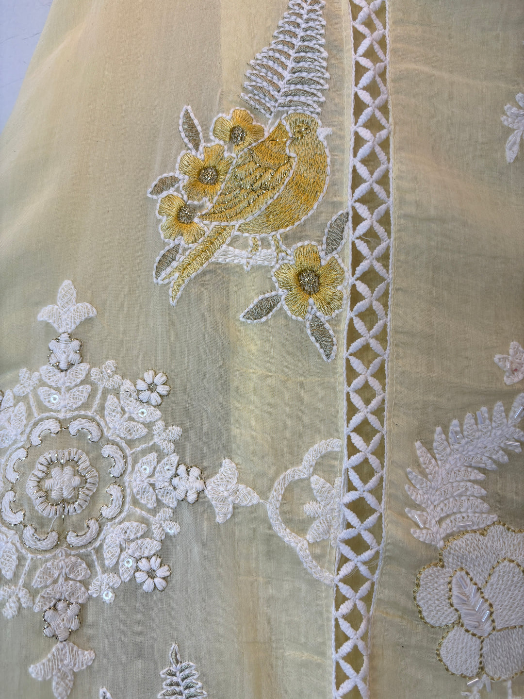 Yellow Mul Cotton Bird Embroidered Suit Set with Mirror &amp; Zari Work