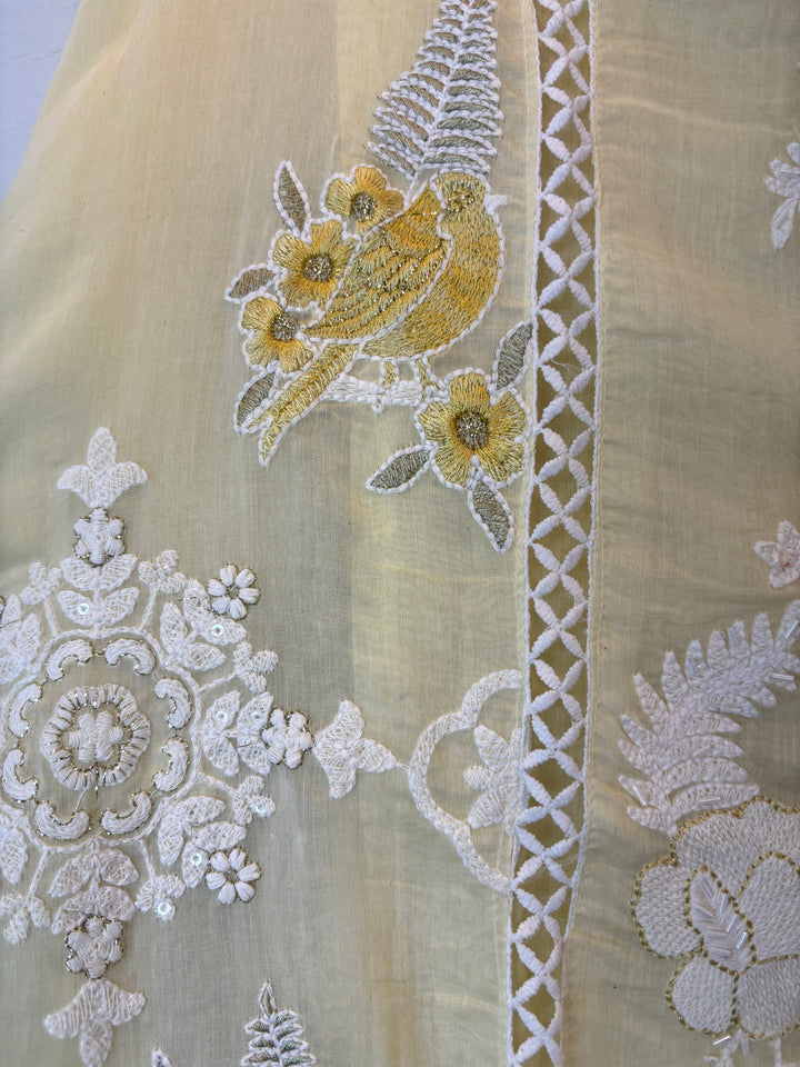 Yellow Mul Cotton Bird Embroidered Suit Set with Mirror &amp; Zari Work