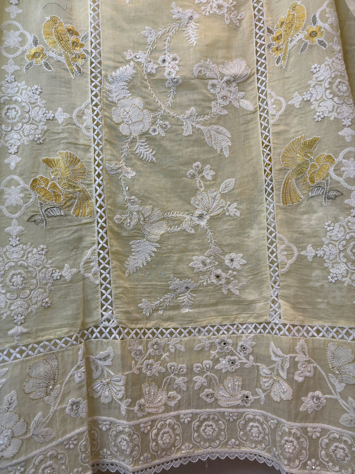 Yellow Mul Cotton Bird Embroidered Suit Set with Mirror &amp; Zari Work