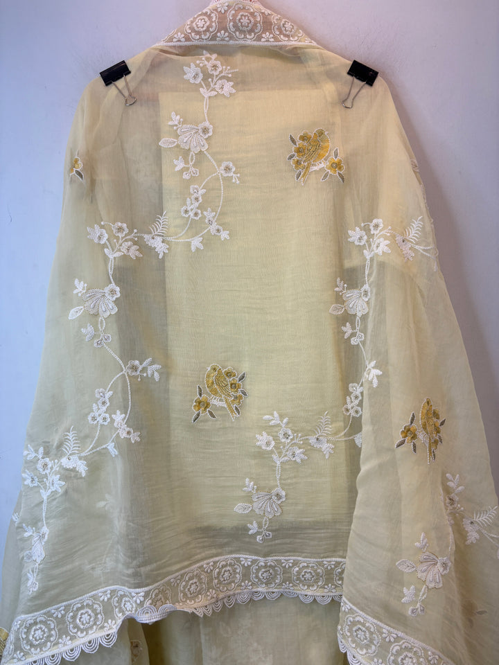 Yellow Mul Cotton Bird Embroidered Suit Set with Mirror &amp; Zari Work