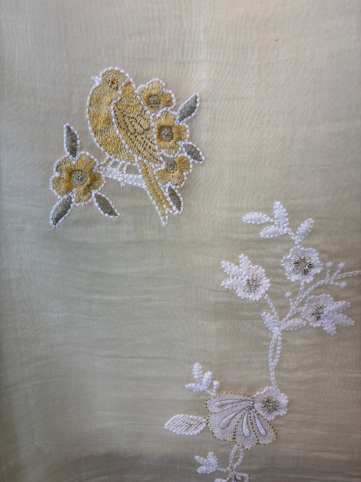 Yellow Mul Cotton Bird Embroidered Suit Set with Mirror &amp; Zari Work