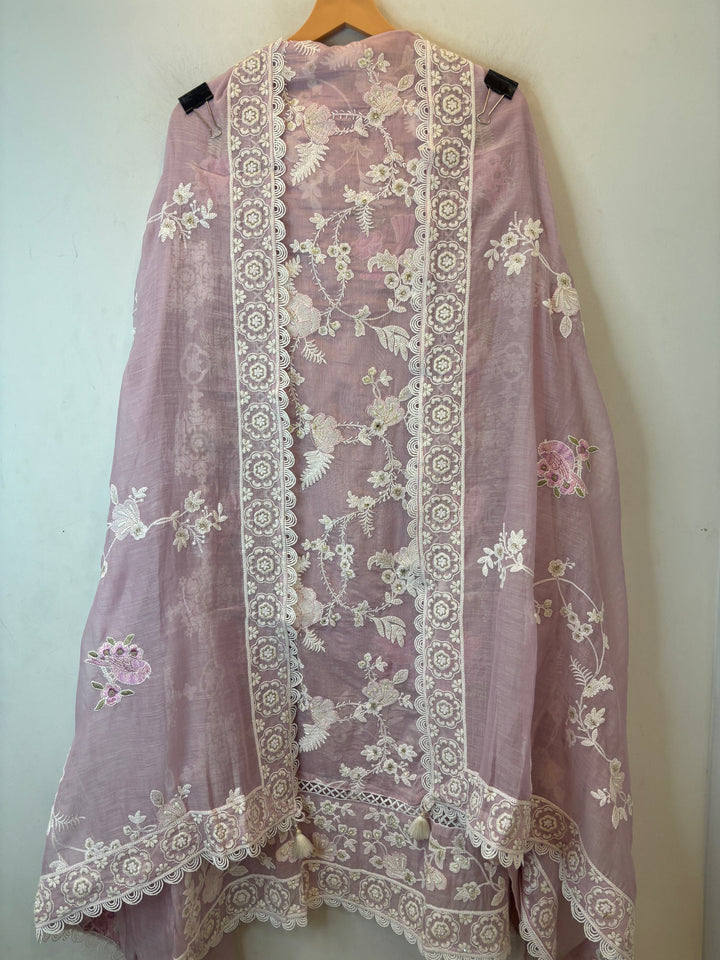 Pink Mul Cotton Bird Embroidered Suit Set with Mirror &amp; Zari Work