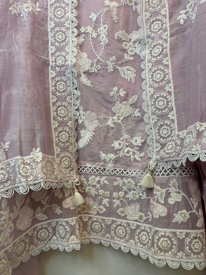 Pink Mul Cotton Bird Embroidered Suit Set with Mirror &amp; Zari Work