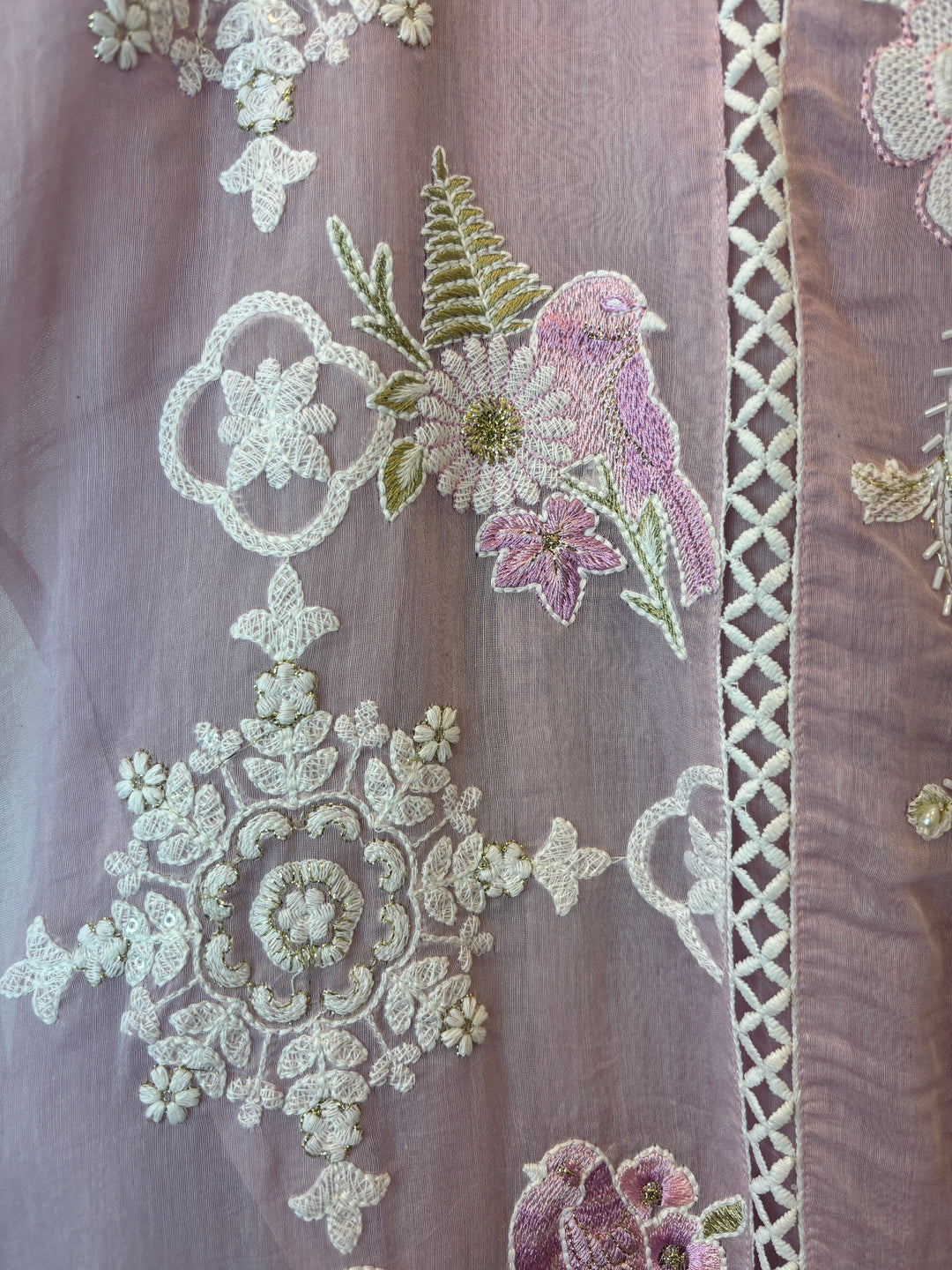 Pink Mul Cotton Bird Embroidered Suit Set with Mirror &amp; Zari Work