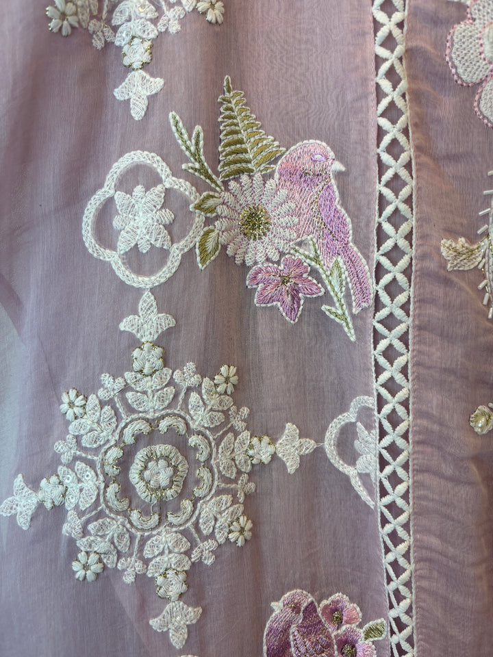 Pink Mul Cotton Bird Embroidered Suit Set with Mirror &amp; Zari Work