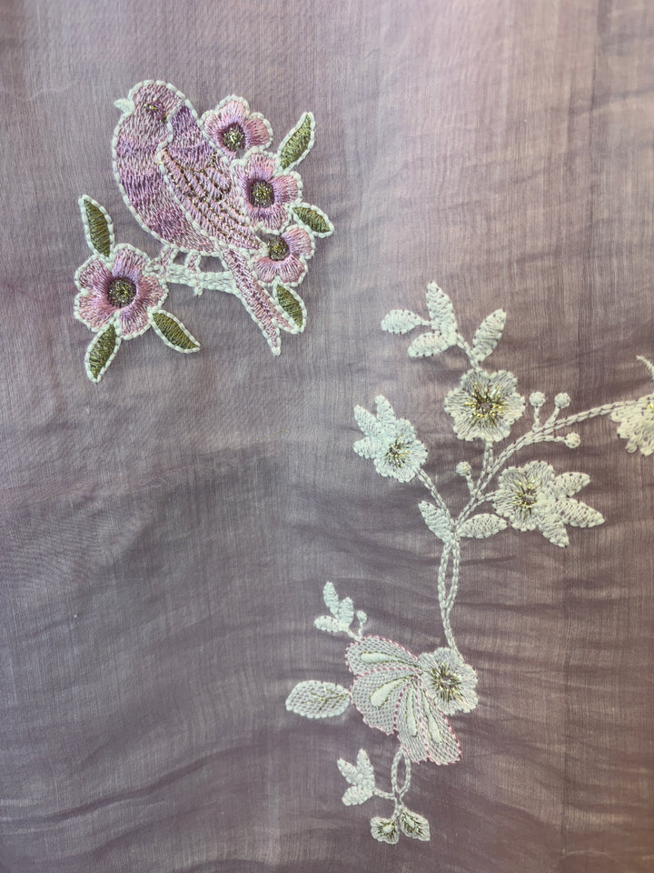 Pink Mul Cotton Bird Embroidered Suit Set with Mirror &amp; Zari Work
