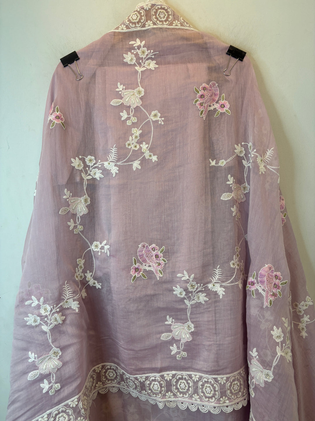 Pink Mul Cotton Bird Embroidered Suit Set with Mirror &amp; Zari Work