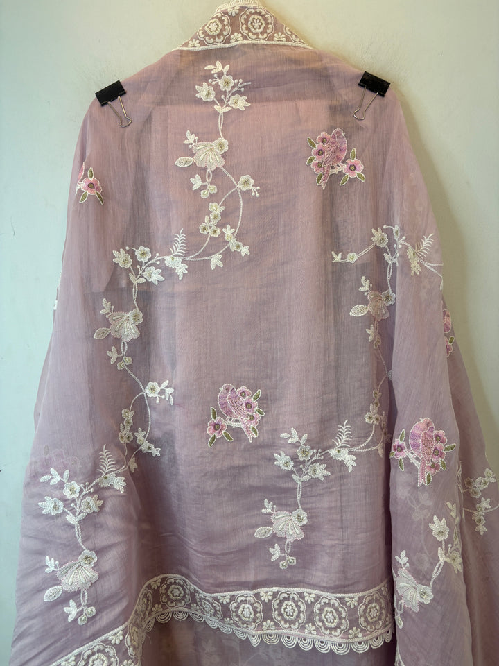 Pink Mul Cotton Bird Embroidered Suit Set with Mirror &amp; Zari Work