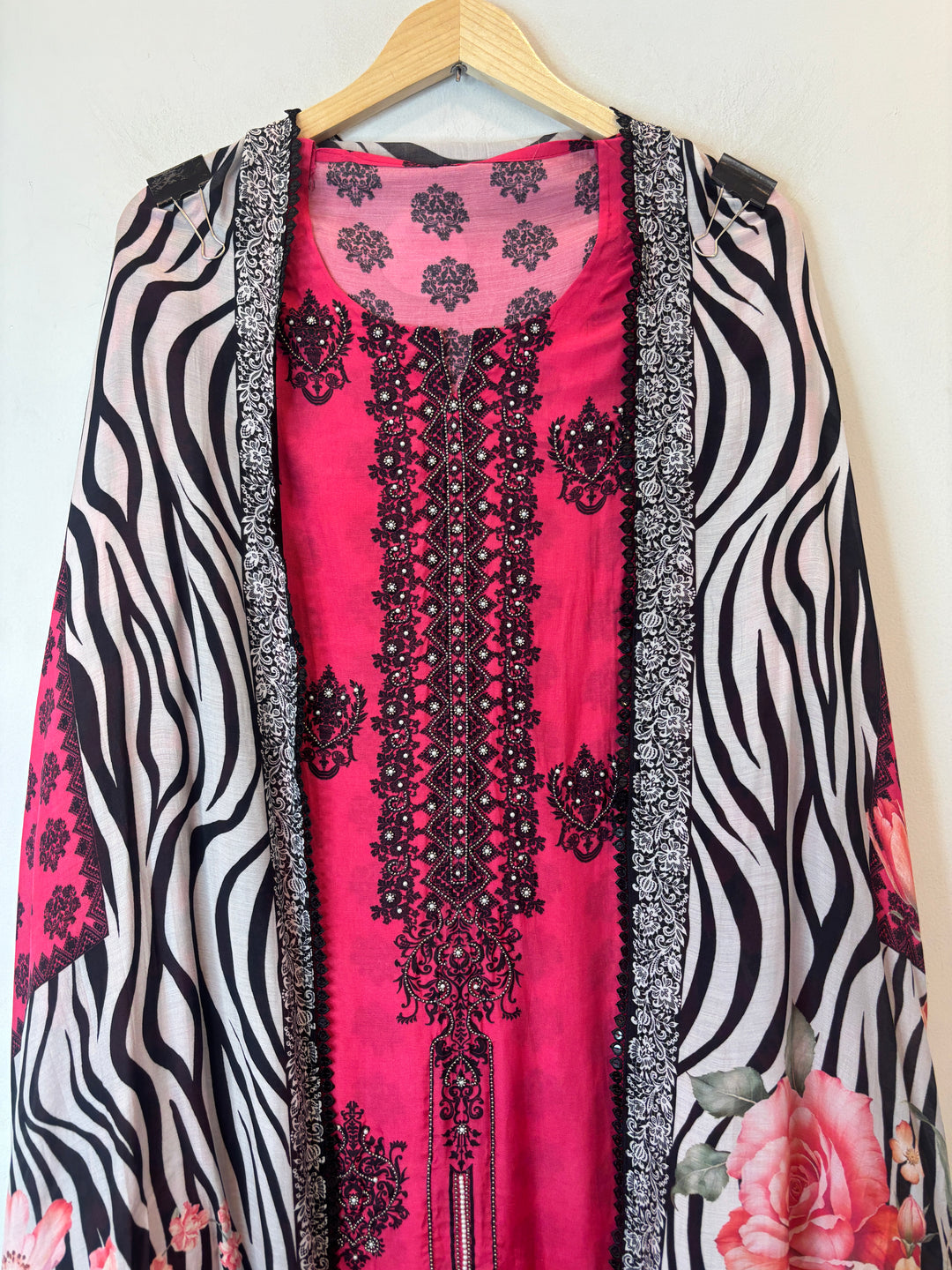 Pink Muslin Printed Suit Set with Metallic &amp; Pearl Work