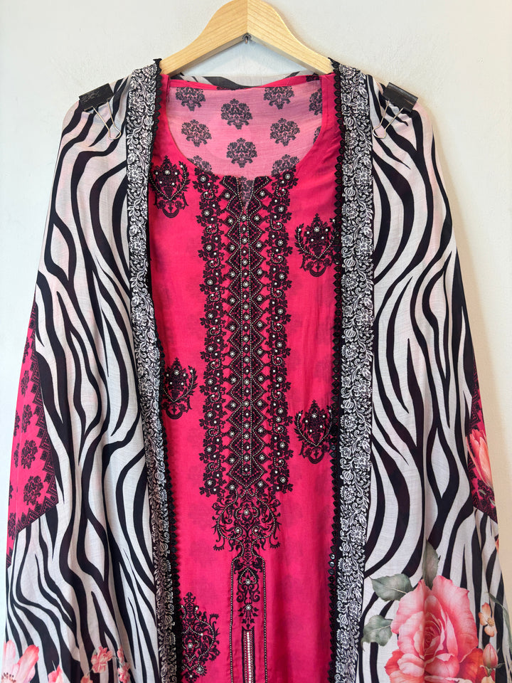 Pink Muslin Printed Suit Set with Metallic &amp; Pearl Work