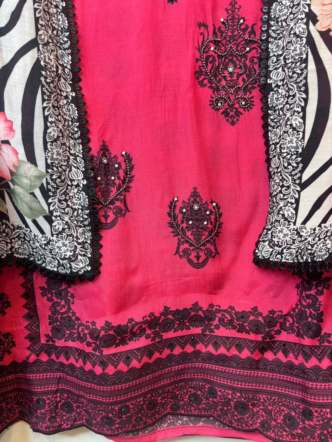 Pink Muslin Printed Suit Set with Metallic &amp; Pearl Work