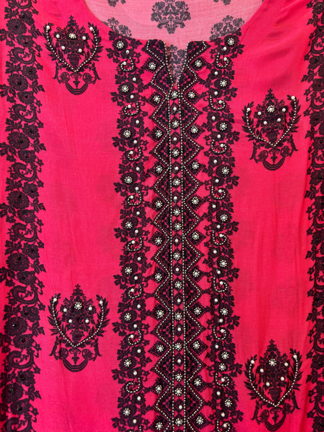 Pink Muslin Printed Suit Set with Metallic &amp; Pearl Work