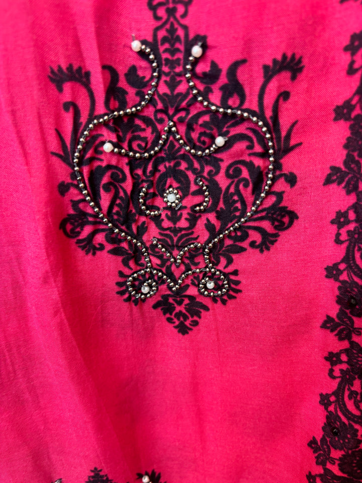 Pink Muslin Printed Suit Set with Metallic &amp; Pearl Work
