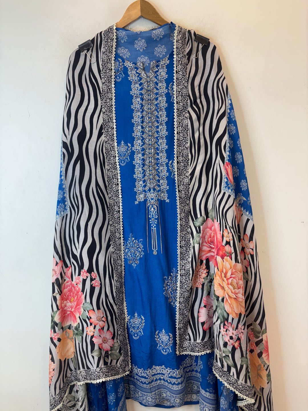 Blue Muslin Printed Suit Set with Metallic &amp; Pearl Work