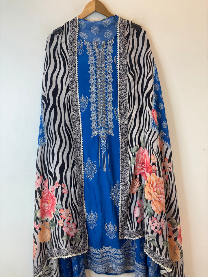 Blue Muslin Printed Suit Set with Metallic &amp; Pearl Work