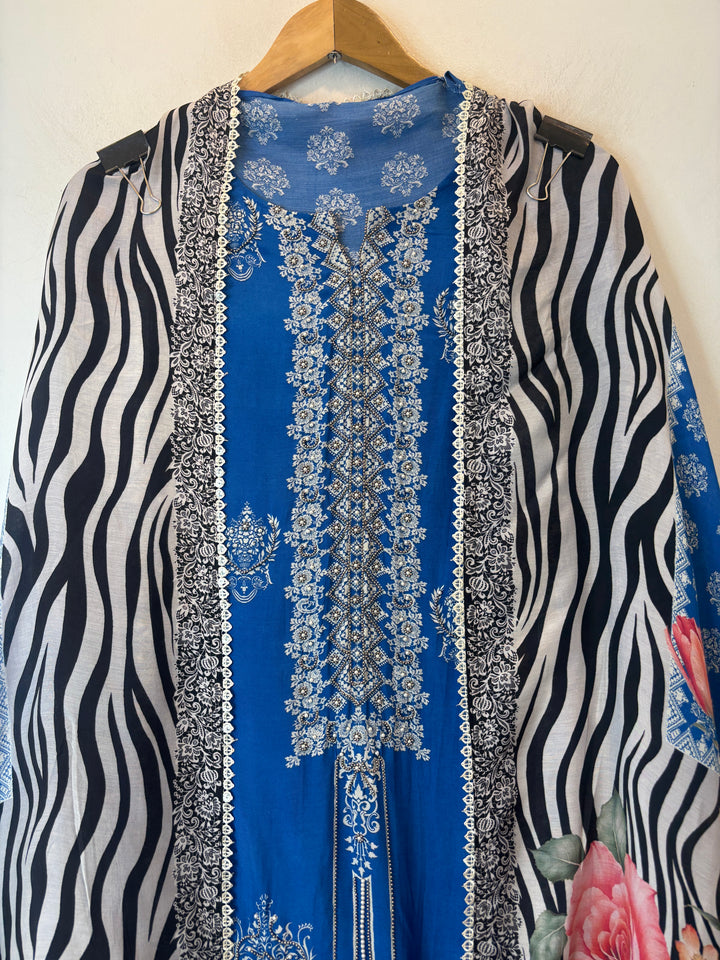 Blue Muslin Printed Suit Set with Metallic &amp; Pearl Work