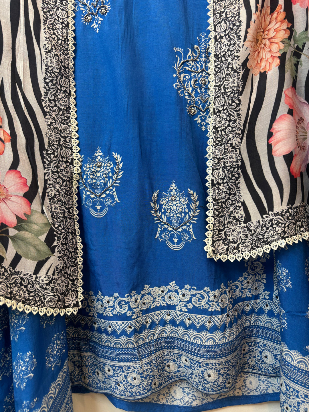 Blue Muslin Printed Suit Set with Metallic &amp; Pearl Work