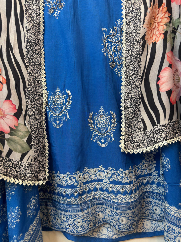 Blue Muslin Printed Suit Set with Metallic &amp; Pearl Work