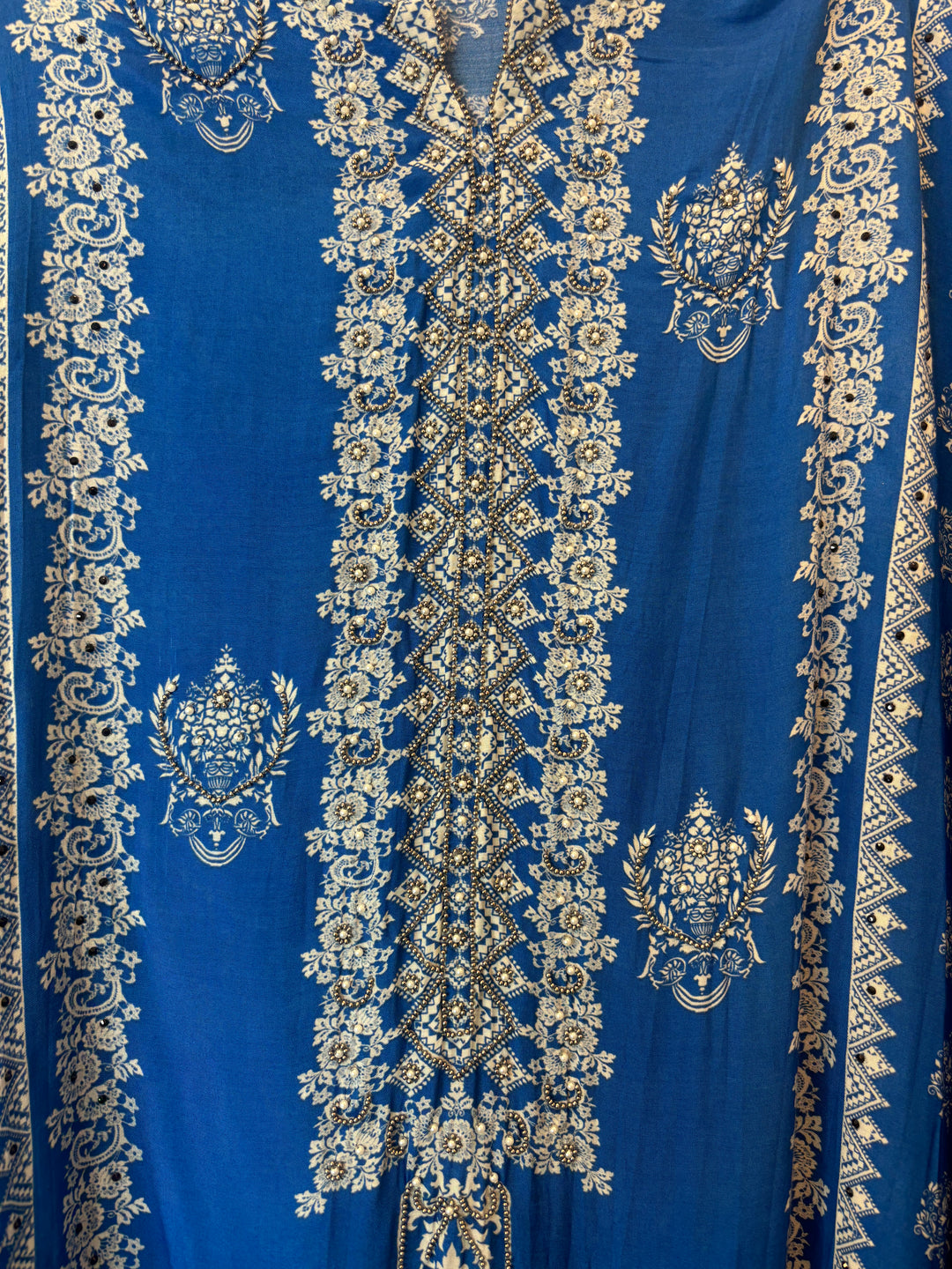 Blue Muslin Printed Suit Set with Metallic &amp; Pearl Work
