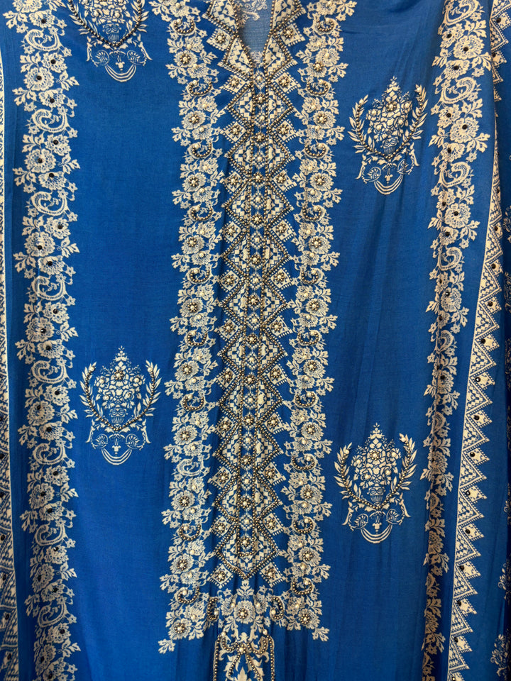 Blue Muslin Printed Suit Set with Metallic &amp; Pearl Work