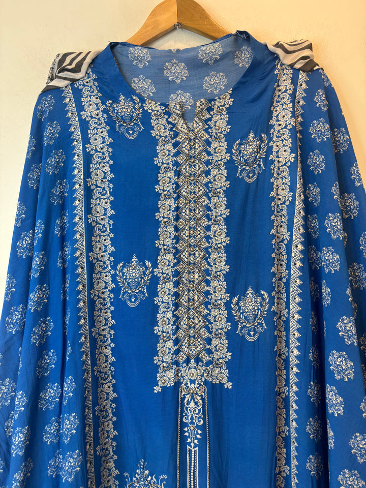 Blue Muslin Printed Suit Set with Metallic &amp; Pearl Work