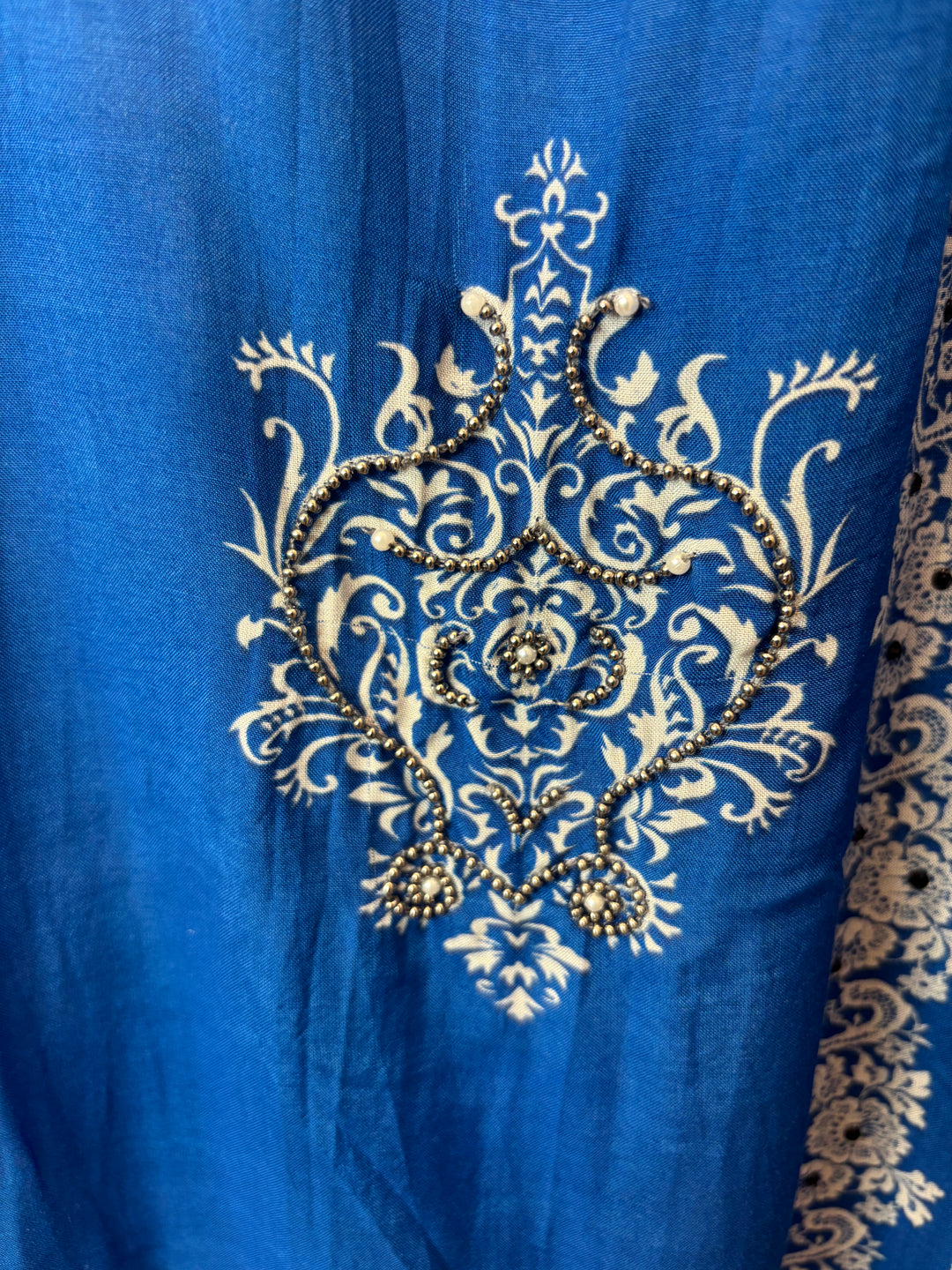 Blue Muslin Printed Suit Set with Metallic &amp; Pearl Work