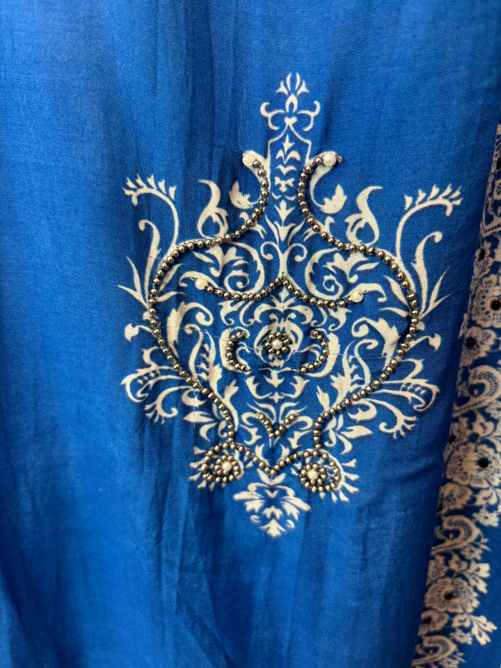 Blue Muslin Printed Suit Set with Metallic &amp; Pearl Work