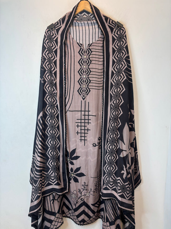 Light Brown Muslin Digital Printed Suit Set with Pearl &amp; Sequin Work