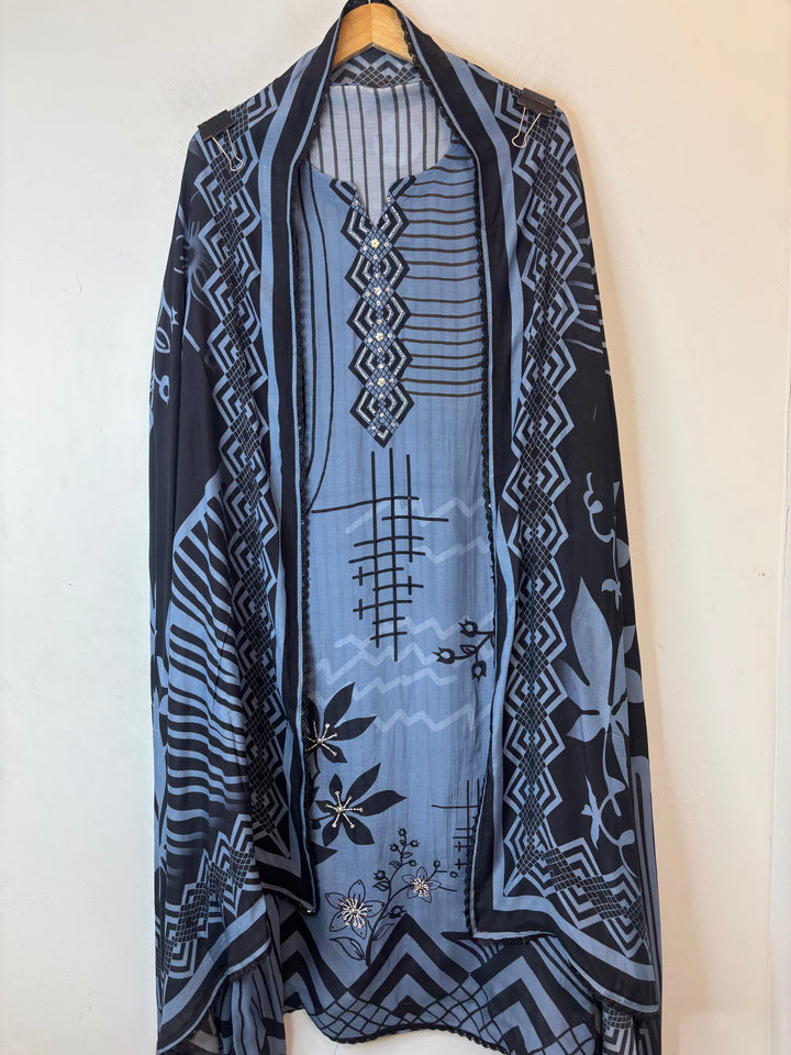 Blue Muslin Digital Printed Suit Set with Pearl &amp; Sequin Work