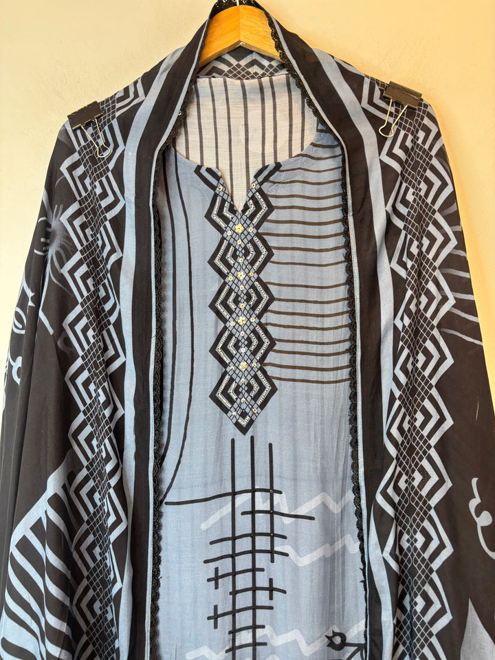 Blue Muslin Digital Printed Suit Set with Pearl &amp; Sequin Work